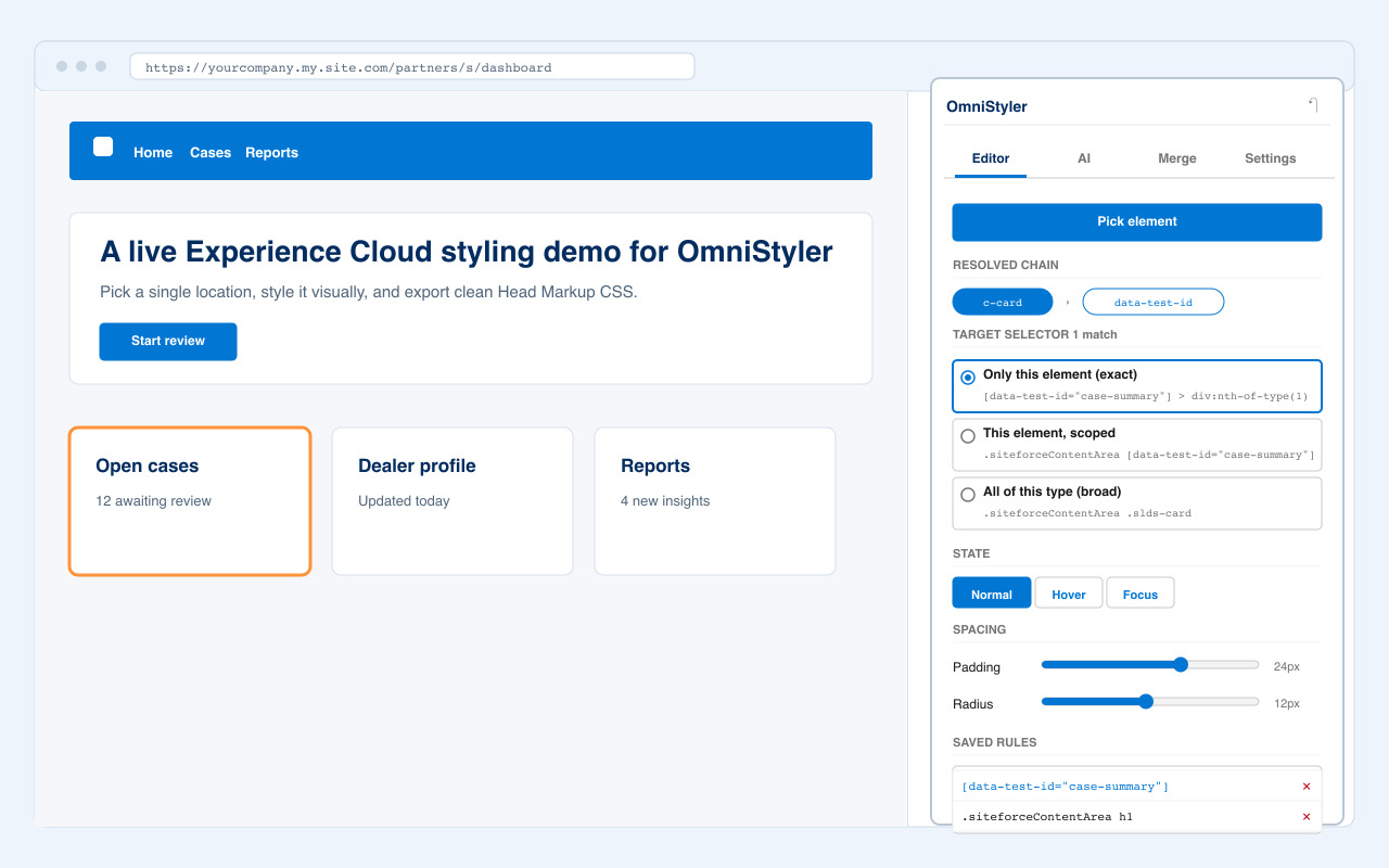 OmniStyler Chrome side panel restyling a selected element on a live site