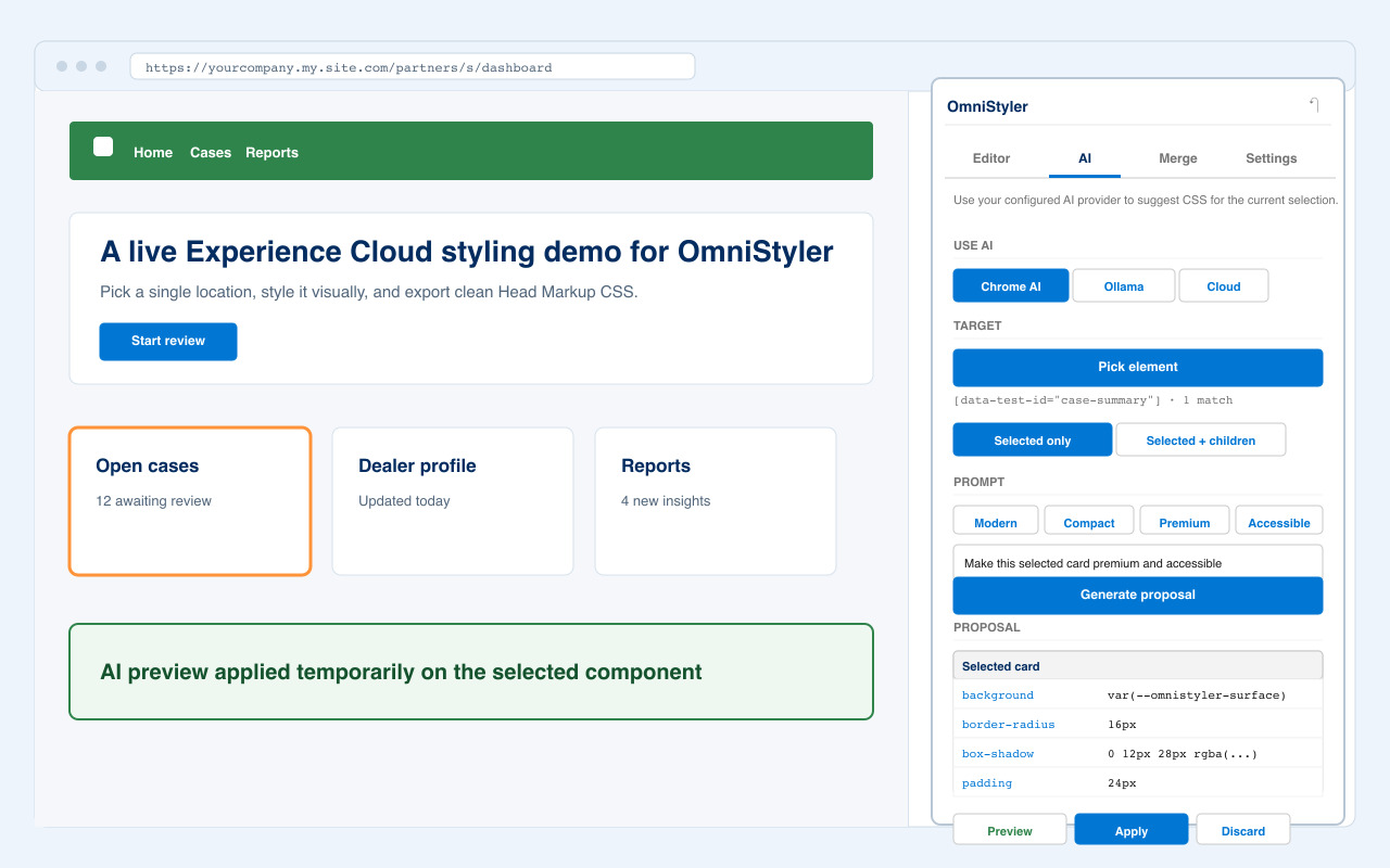OmniStyler AI proposal tab with Chrome AI, Ollama, and cloud model options