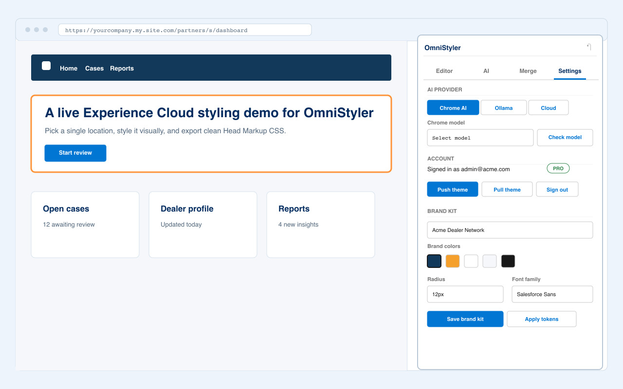 OmniStyler settings tab applying an account brand kit to a portal